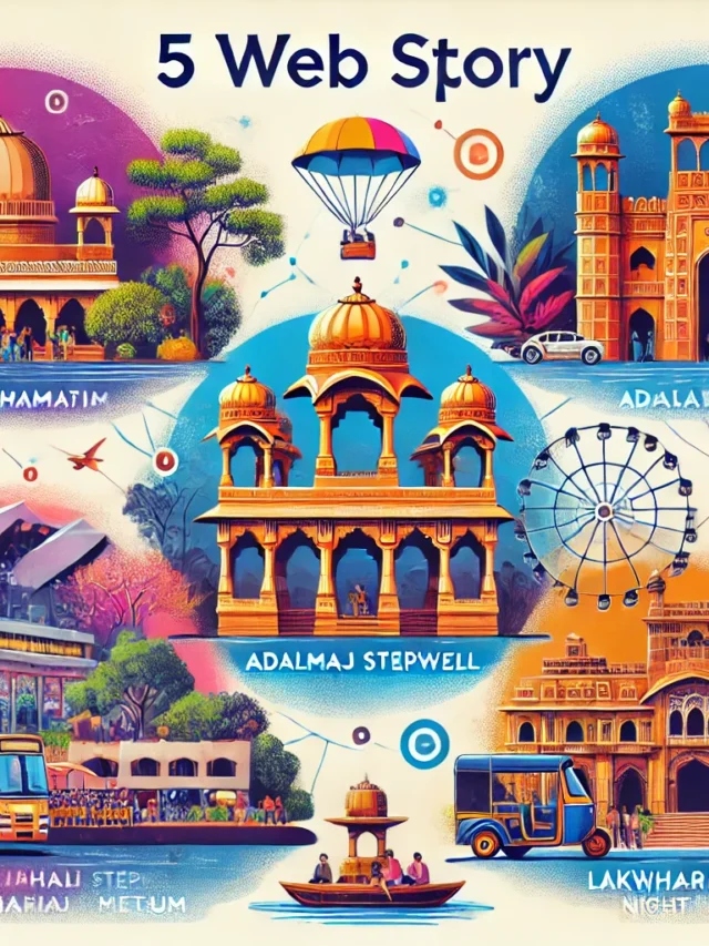 DALL·E 2024-12-30 15.44.26 - A vibrant illustration of 5 popular tourist spots in Ahmedabad, India, designed like a web story. Highlight iconic locations such as the Sabarmati Ash