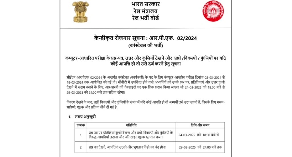 RPF Constable Answer Key 2025