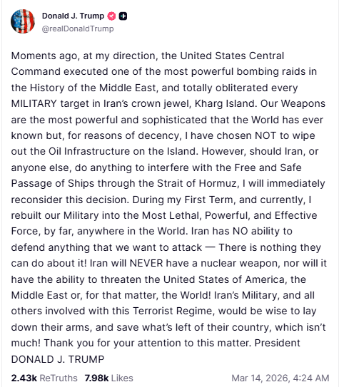 donald trump truth social kharg island